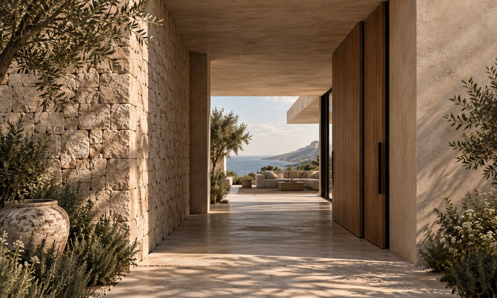 Umbral arquitectónico entre sombra, piedra y paisaje
