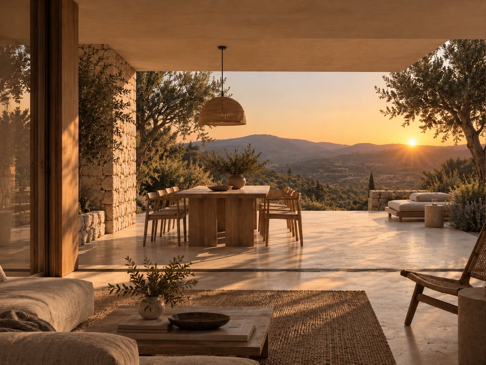 Interior y terraza de una vivienda integrada en un paisaje de sierra al atardecer