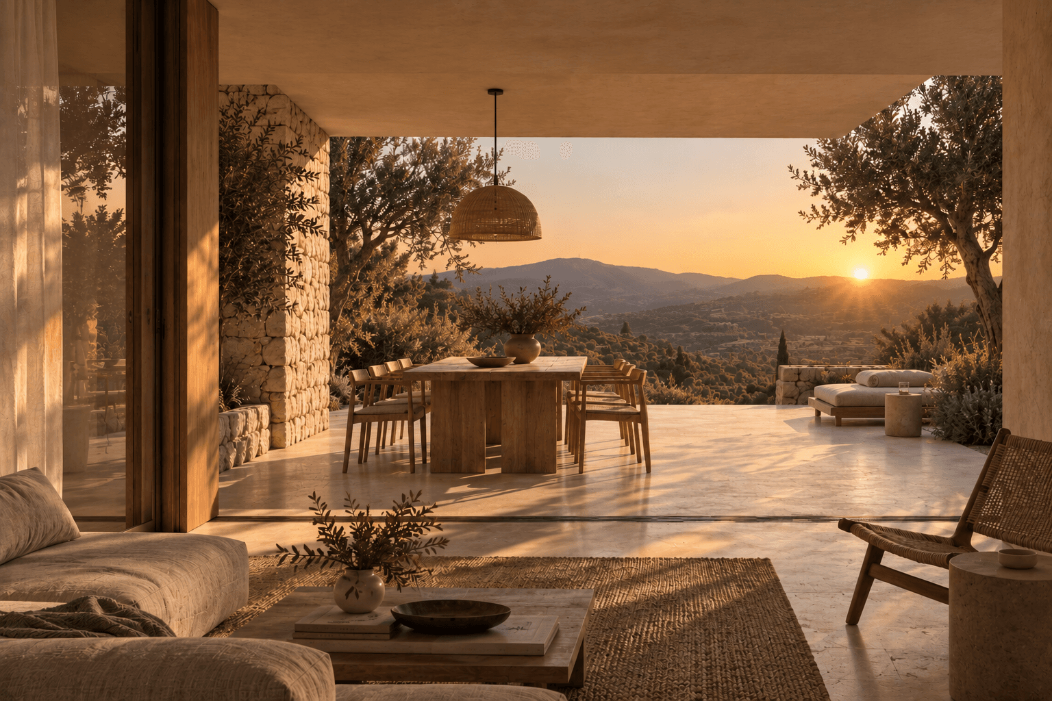 Casa Bancal al atardecer, abierta desde un porche al valle y la sierra del interior