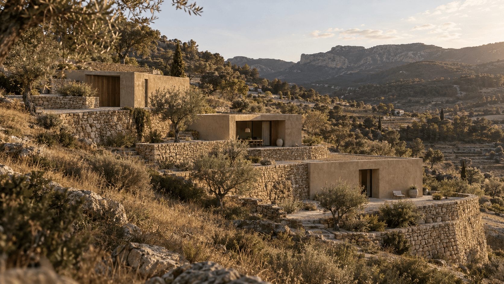 Casa Bancal integrada en una ladera de bancales de piedra del interior valenciano