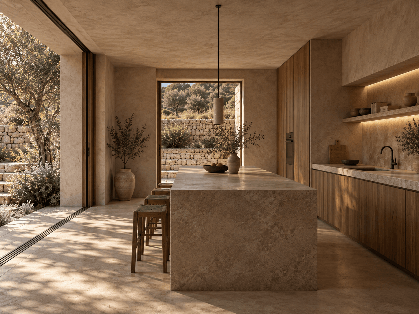 Cocina de Casa Bancal en madera, piedra y mortero mineral iluminada lateralmente