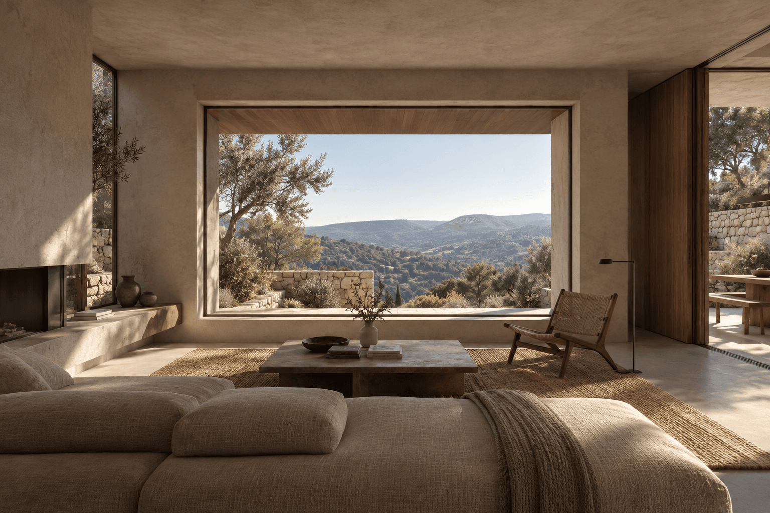 Estar de Casa Bancal con una apertura profunda que enmarca el valle interior