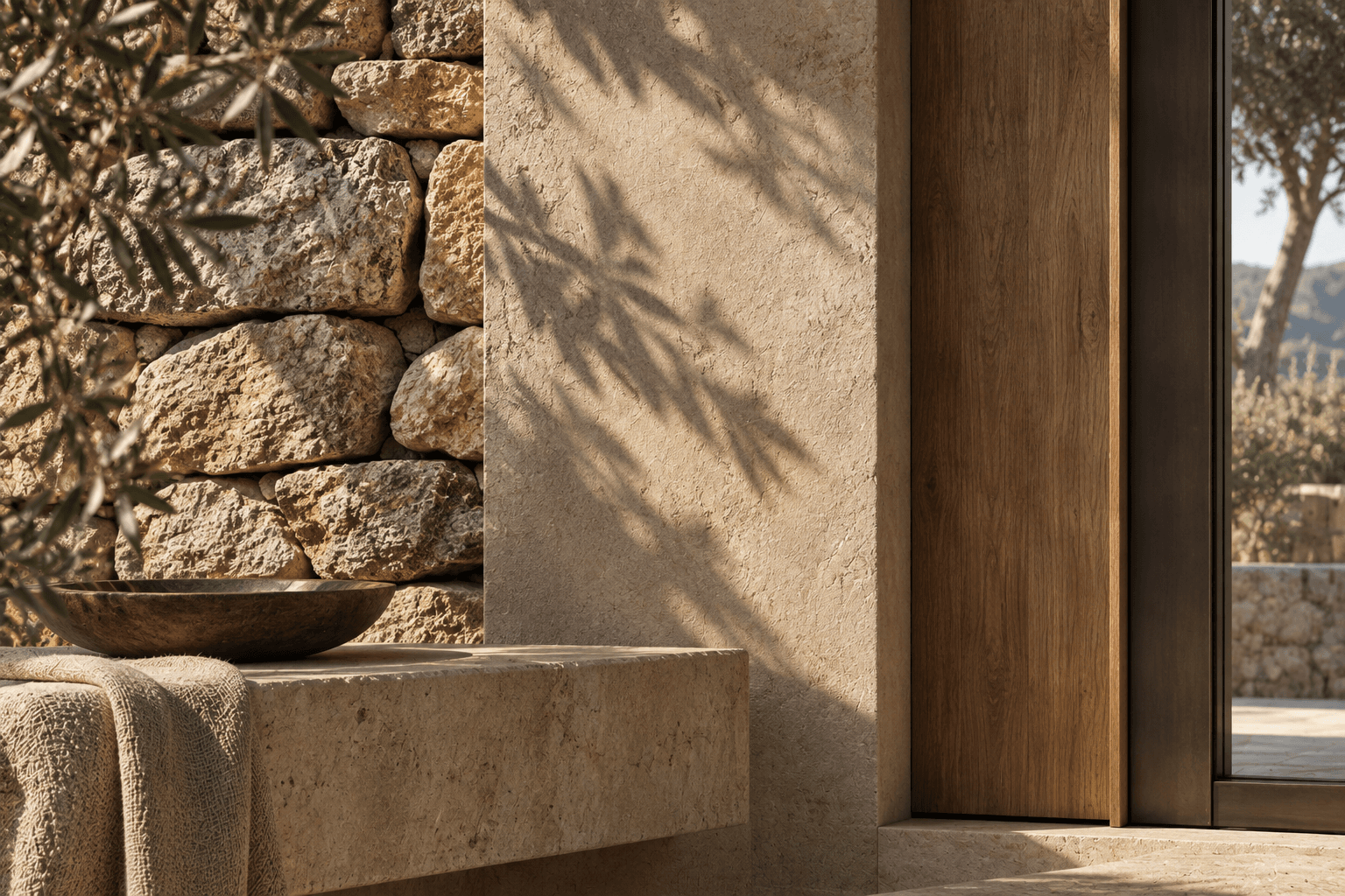 Detalle de Casa Bancal con piedra seca, mortero mineral arena, madera y sombra