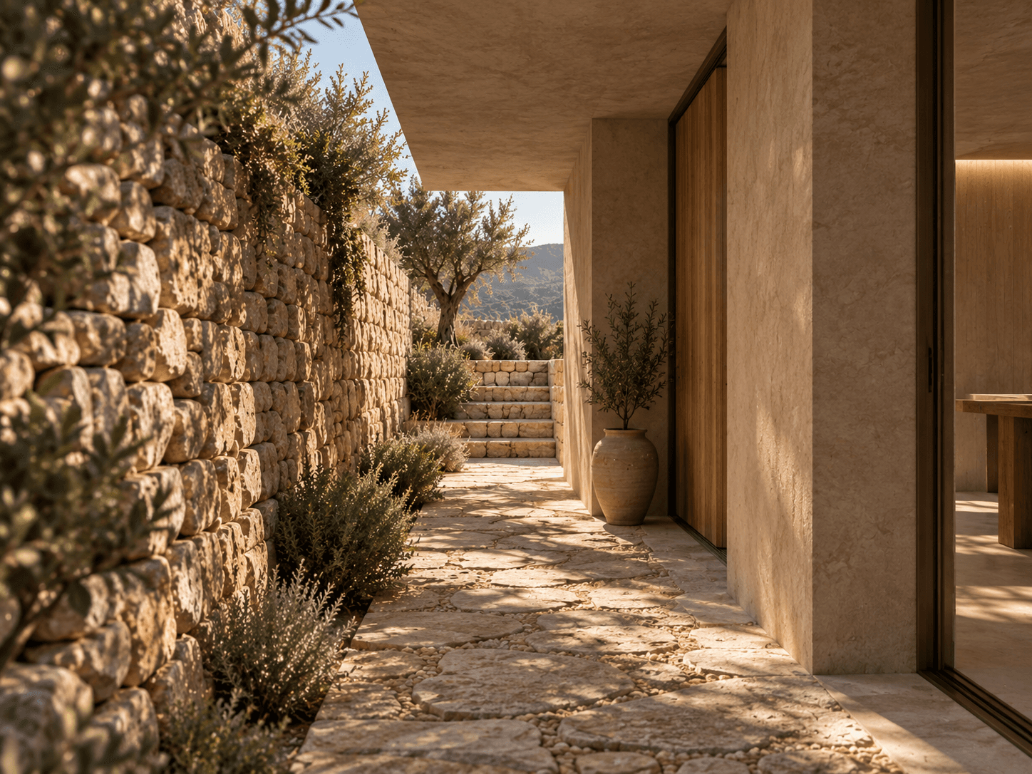 Paso protegido entre un muro de piedra seca existente y la arquitectura nueva de Casa Bancal