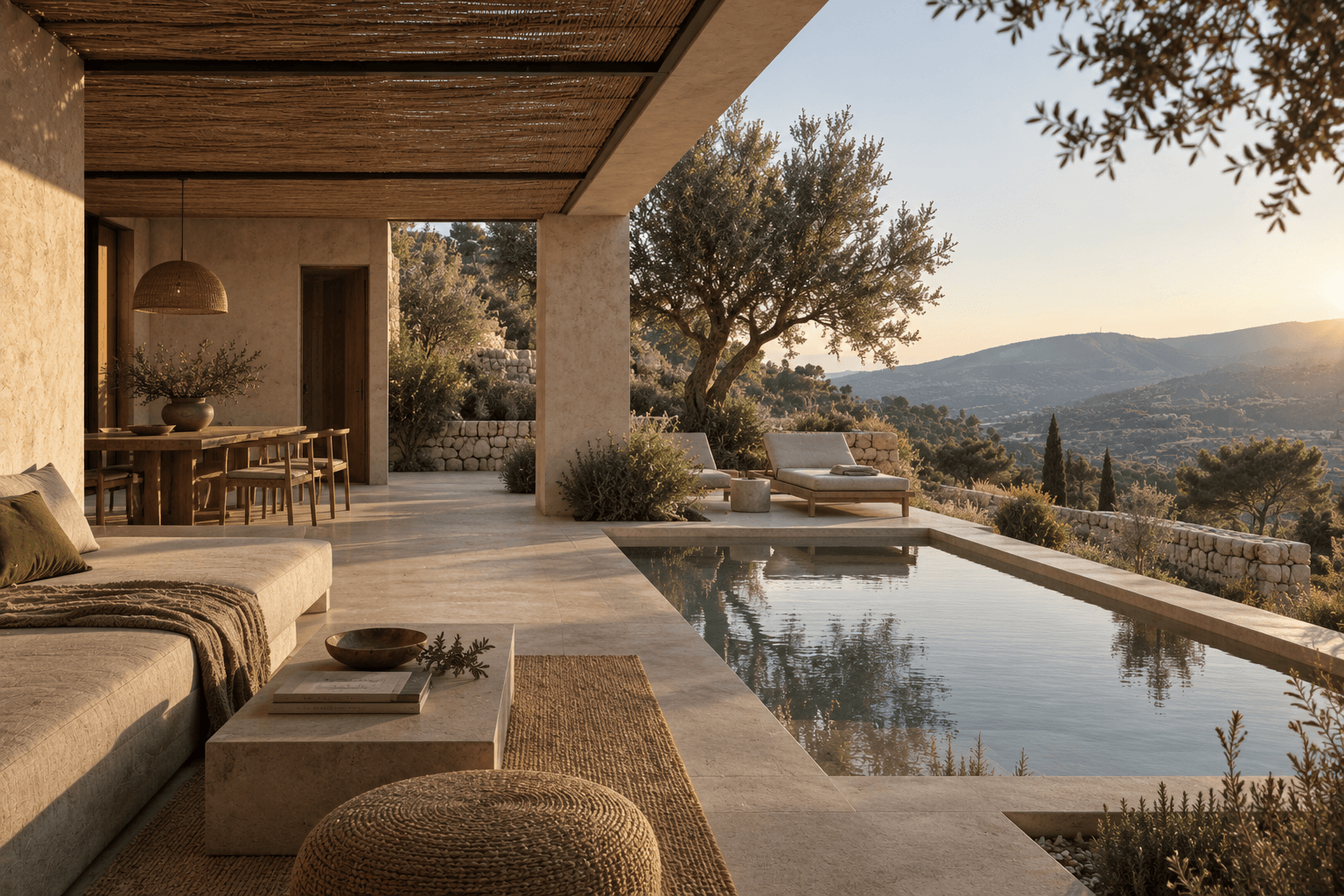 Porche y balsa de Casa Bancal integrados en una terraza de la ladera