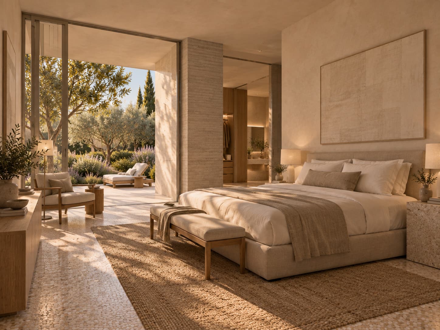 Dormitorio principal de Casa Ceres abierto a un jardín mediterráneo privado