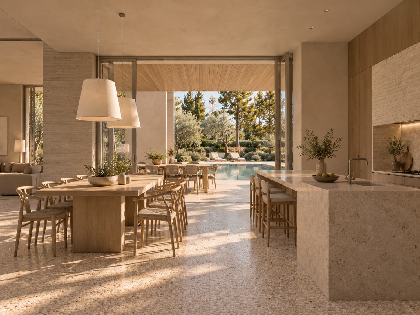 Cocina y comedor de Casa Ceres abiertos al exterior y a la piscina