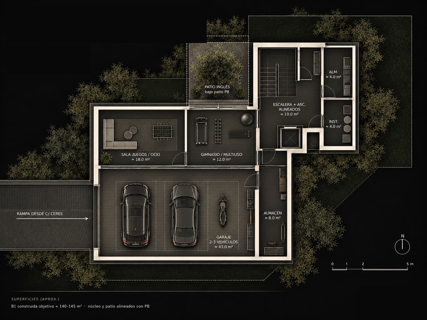 Planta sótano de Casa Ceres con garaje, ocio, gimnasio, almacenes, núcleo y patio inglés