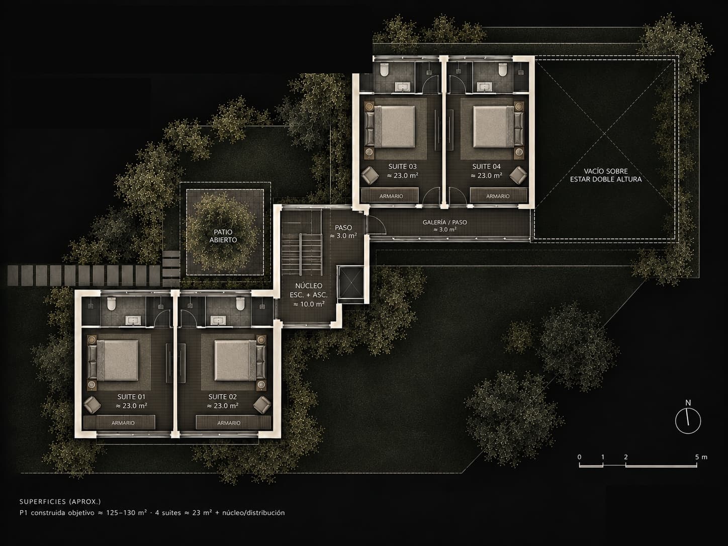 Planta primera de Casa Ceres con cuatro suites, galería, patio abierto y vacío sobre el estar