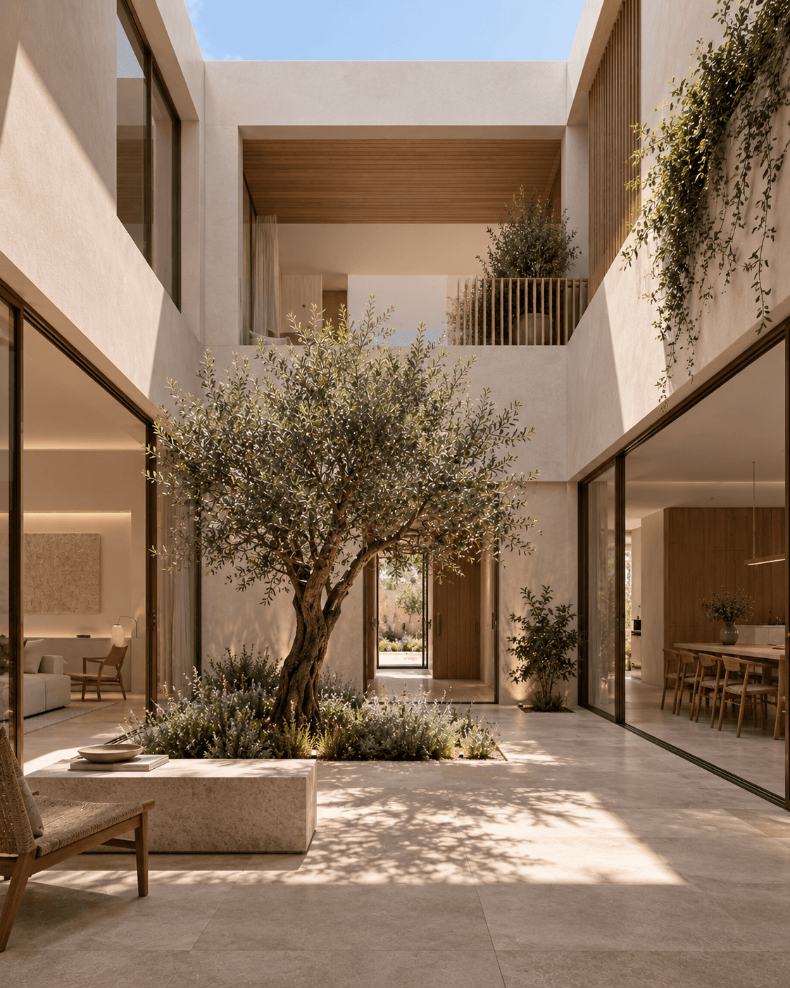 Patio central de Casa Genovés organizado alrededor de un olivo