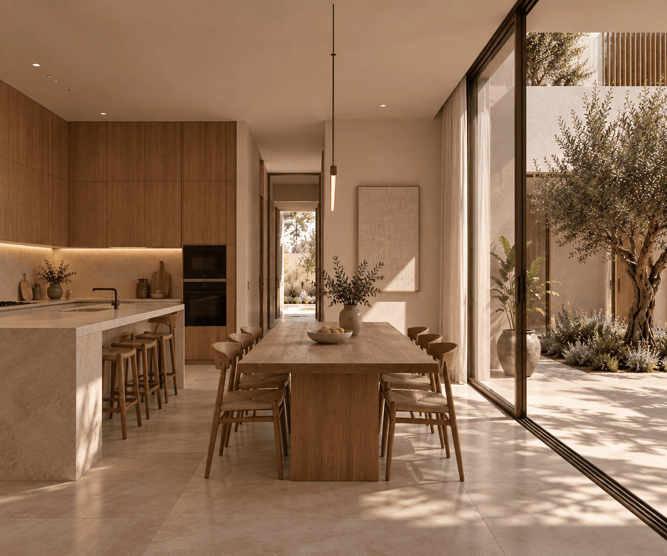Cocina y comedor de Casa Genovés vinculados al patio