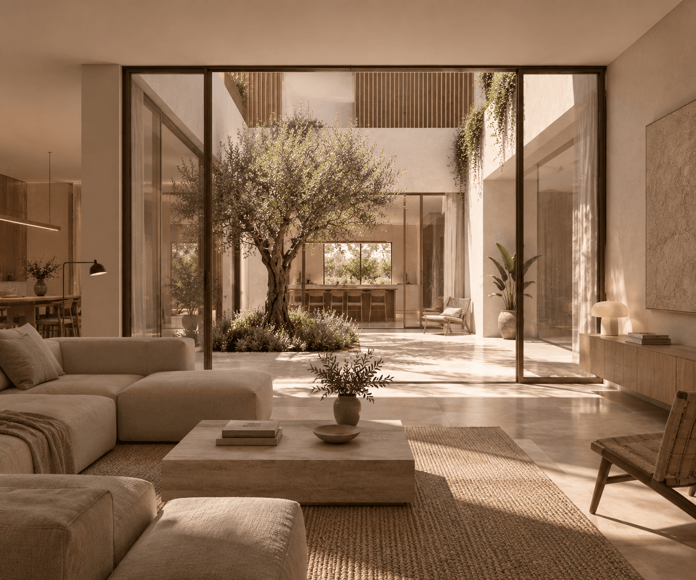 Estar de Casa Genovés conectado transversalmente con el patio