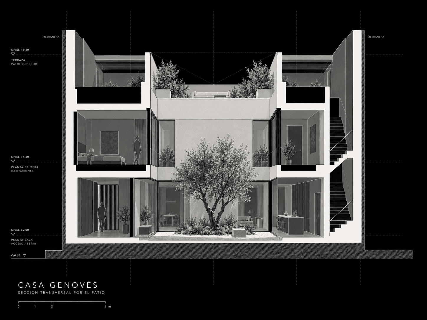 Sección transversal de Casa Genovés por el patio central