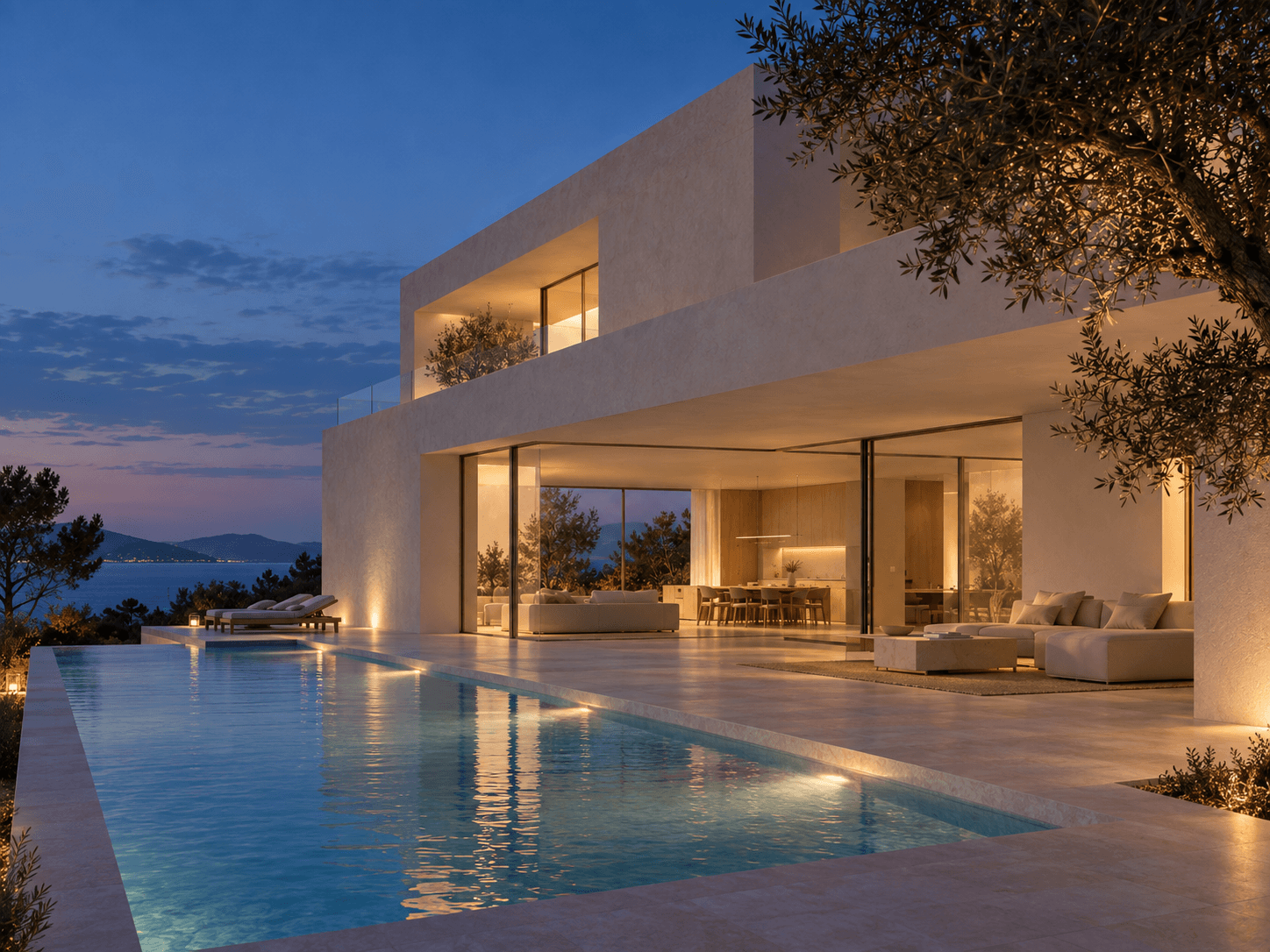 Casa La Mar en la hora azul, con el interior cálido y la piscina frente al Mediterráneo