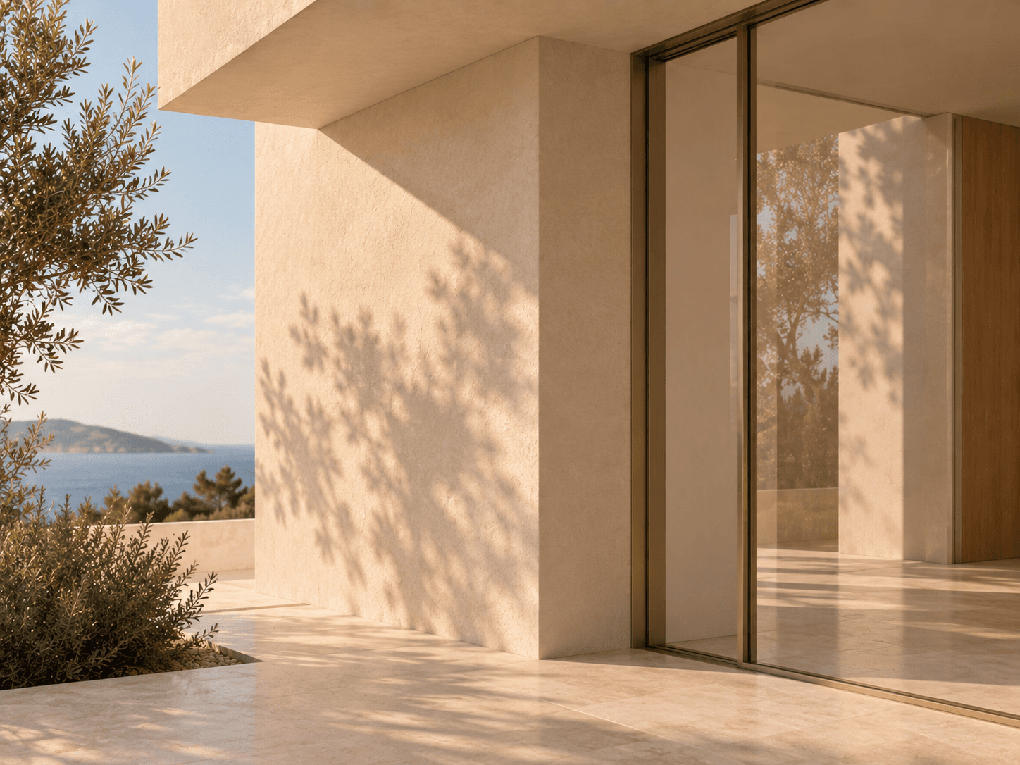 Detalle de Casa La Mar con mortero mineral beige, carpintería de acero de perfil fino, sombra y Mediterráneo