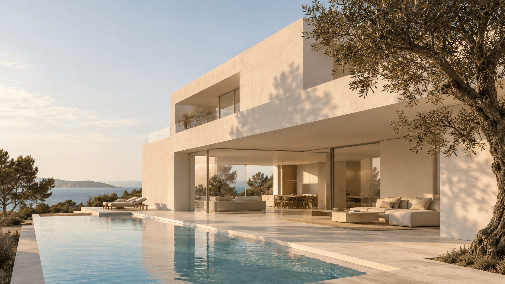 Casa La Mar, vivienda mediterránea en mortero mineral beige abierta al paisaje y al mar
