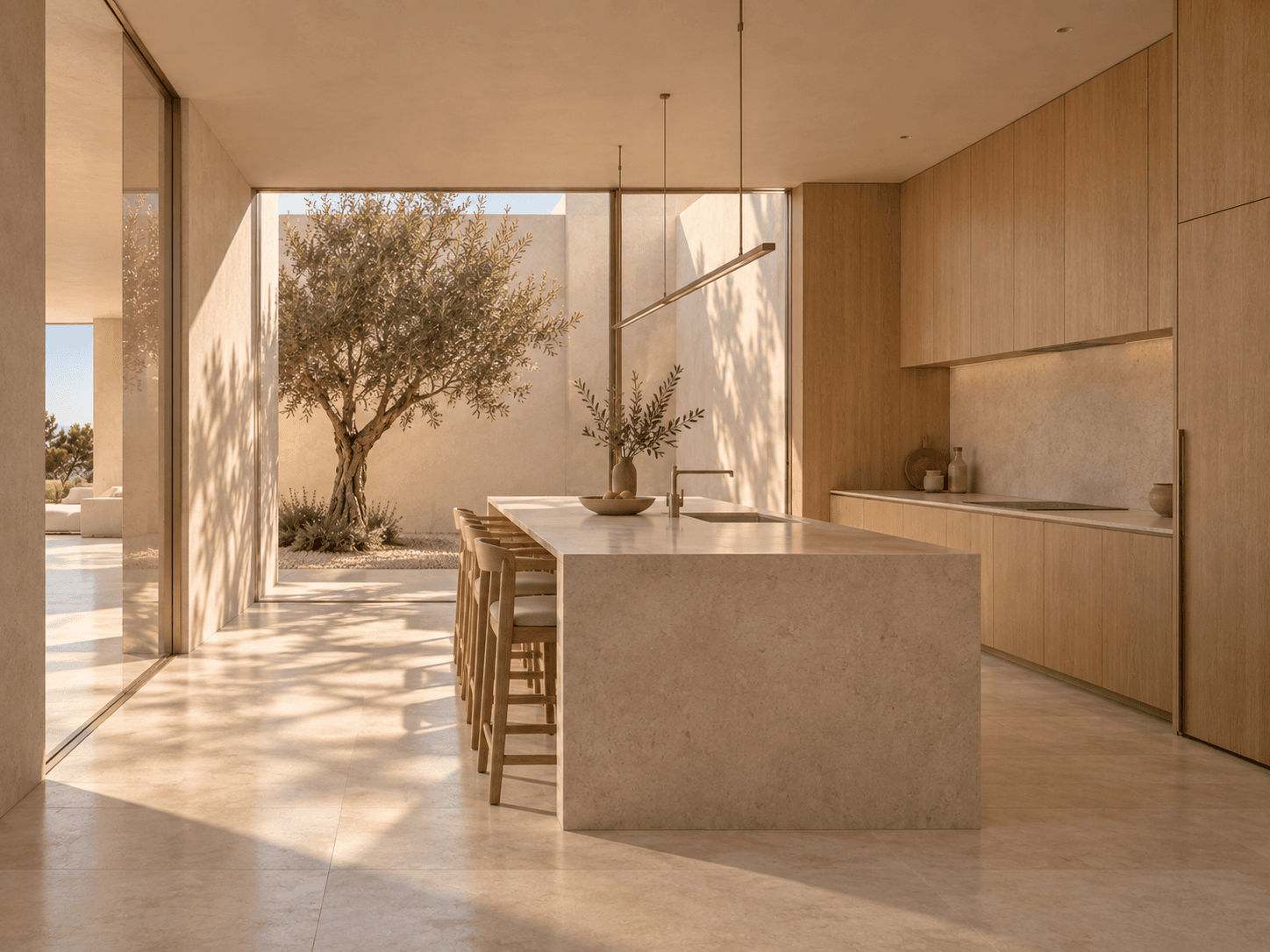 Cocina de Casa La Mar en madera clara y tonos minerales vinculada a un patio de luz