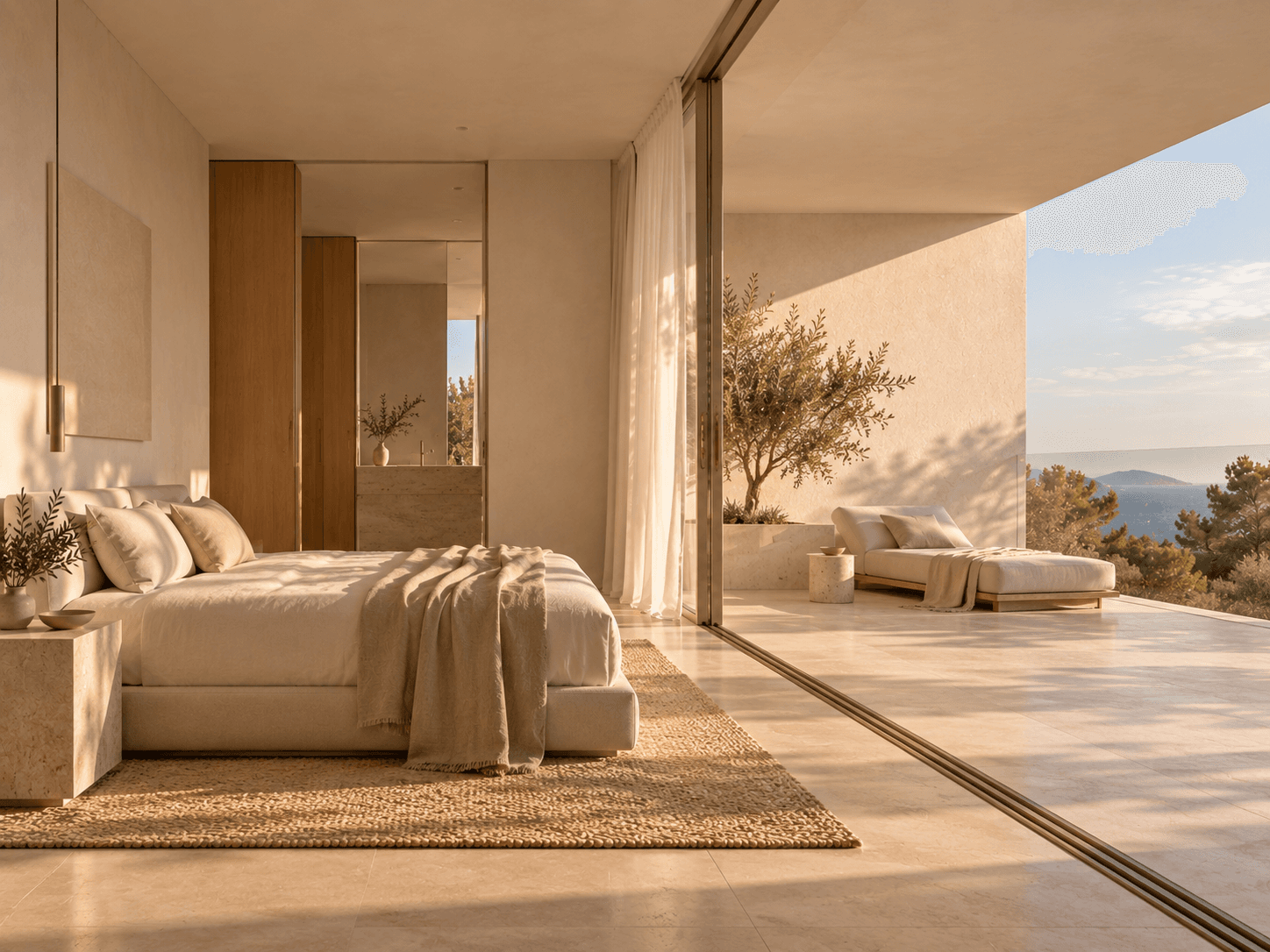Dormitorio principal de Casa La Mar abierto a una terraza profunda y protegida