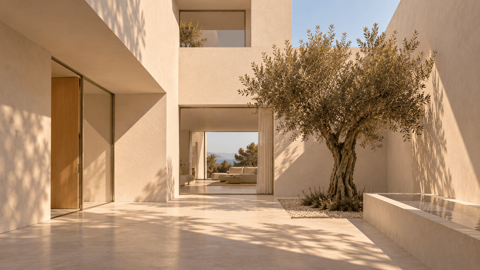 Patio de Casa La Mar, espacio mineral donde luz, sombra y vegetación construyen el interior