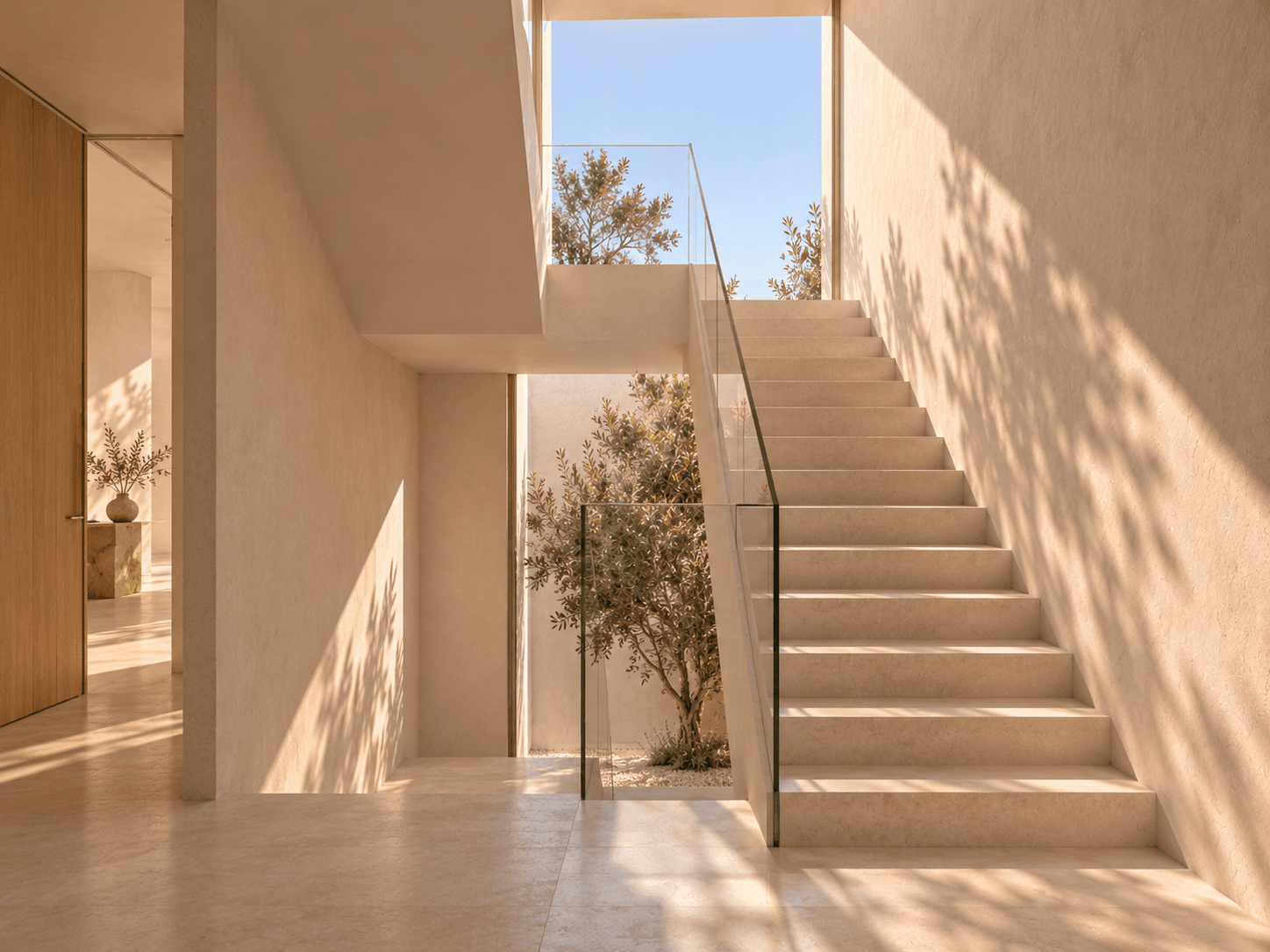 Escalera de Casa La Mar iluminada cenitalmente y abierta al cielo