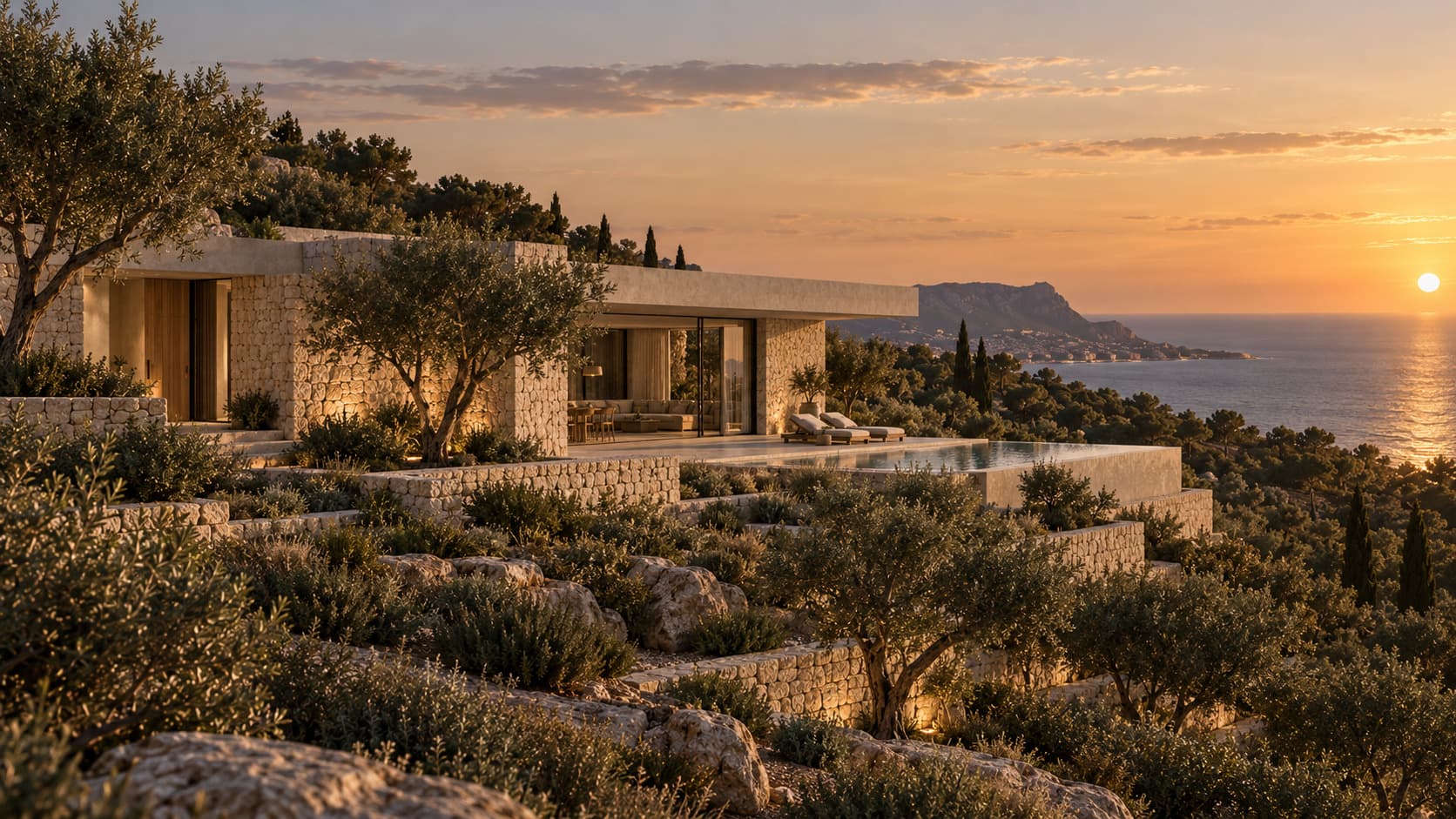 Casa Umbral integrada en la ladera mediterránea al final del día