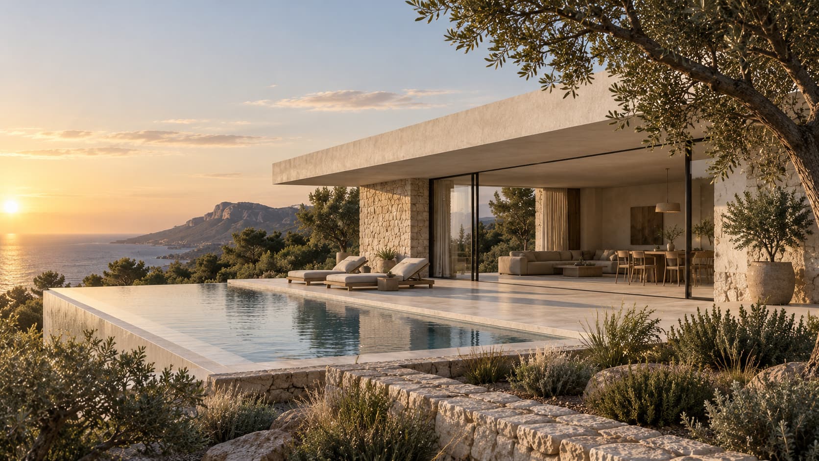 Casa Umbral abierta al paisaje mediterráneo al final del día