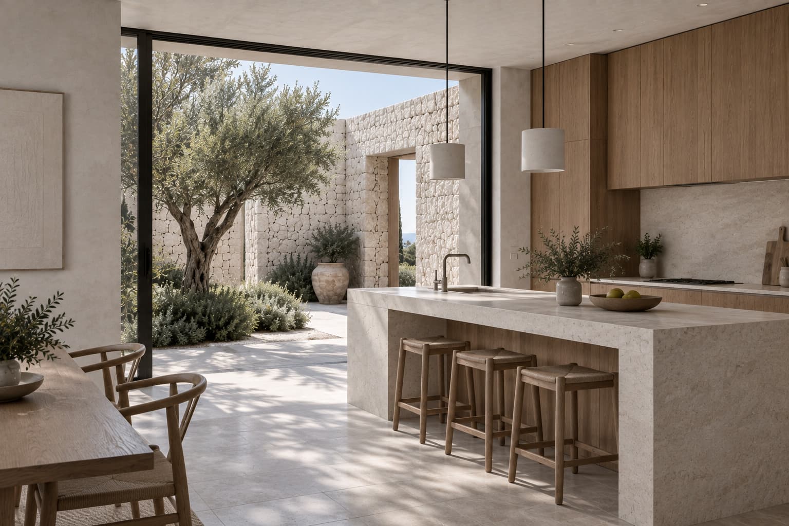 Cocina de Casa Umbral vinculada a un patio mediterráneo