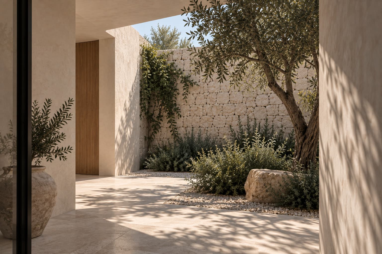Patio íntimo de Casa Umbral con piedra, vegetación, sombra y luz