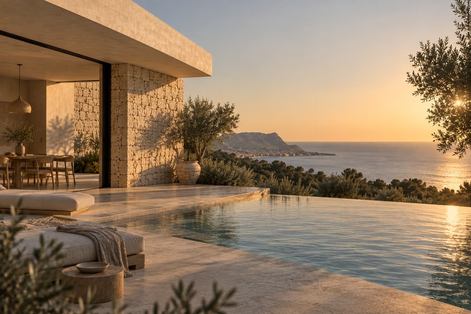 Piscina y porche de Casa Umbral al final de la tarde