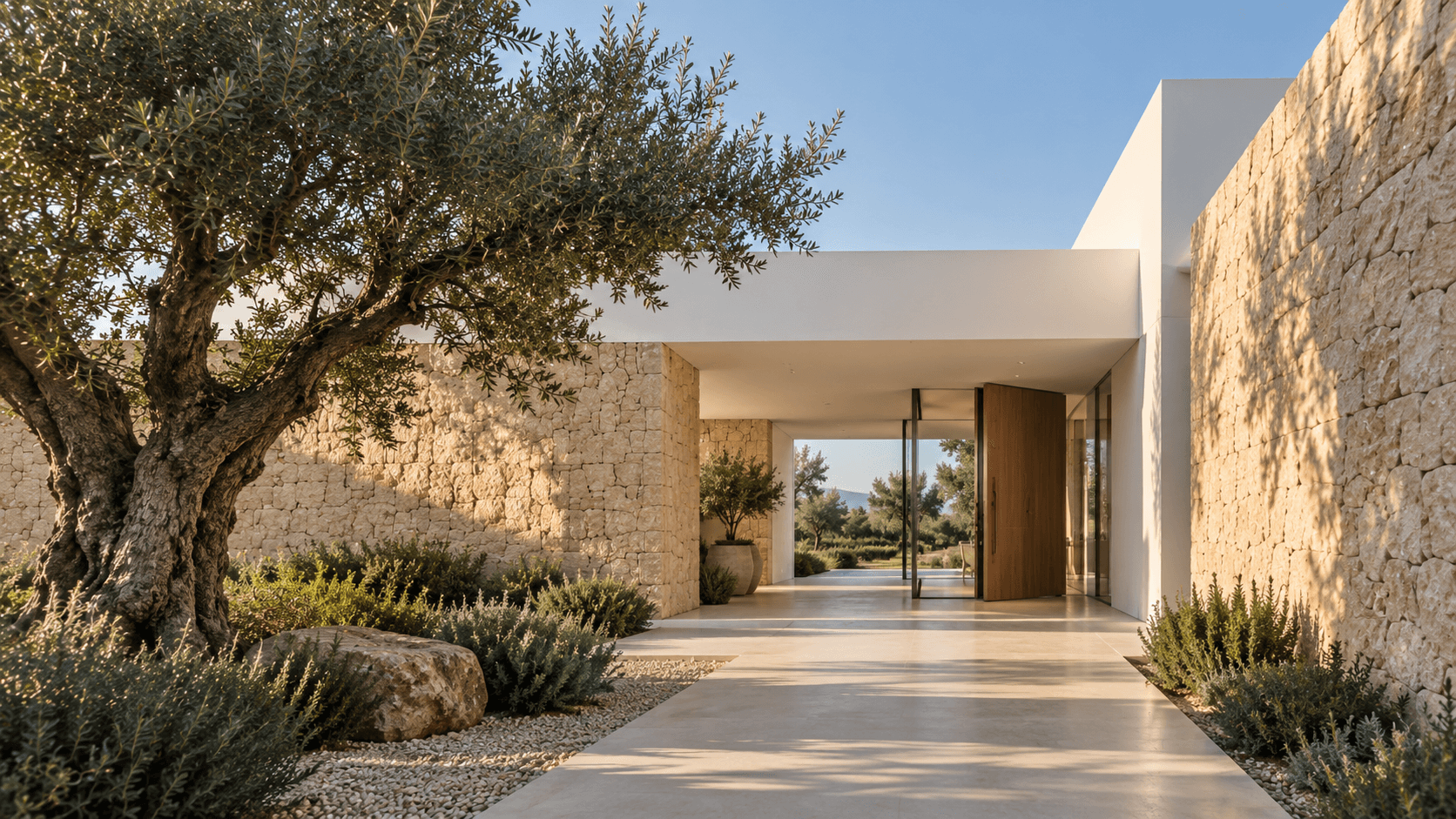 Patio de llegada de Vivienda entre Olivos, entre piedra, sombra y vegetación mediterránea