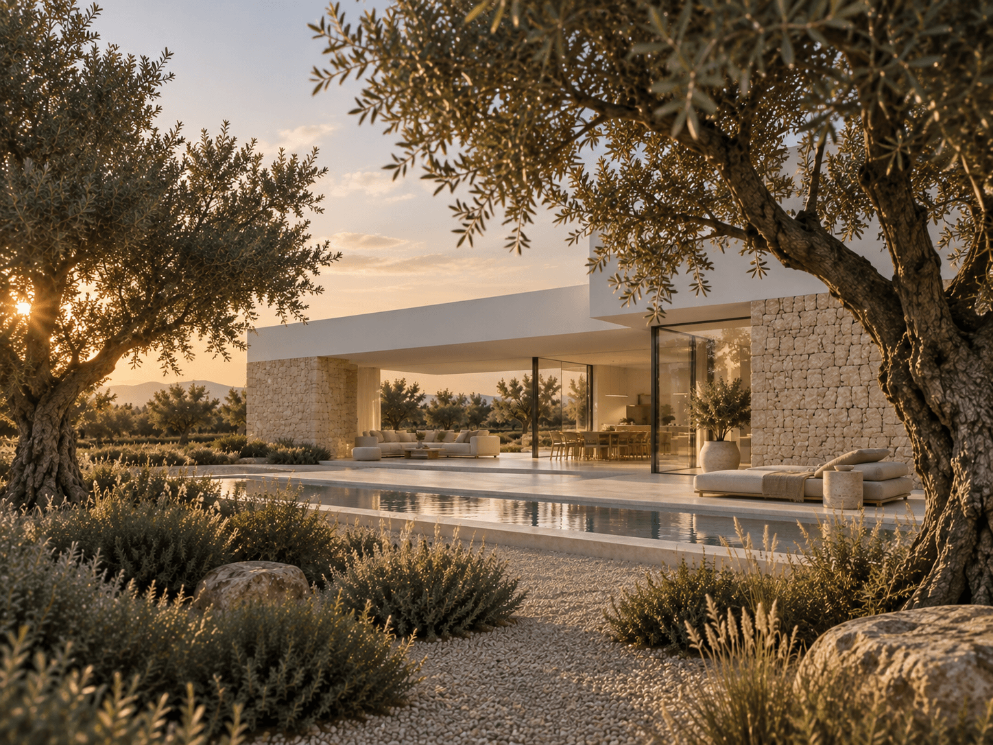 Vivienda entre Olivos al final del día, integrada entre árboles, piedra y agua