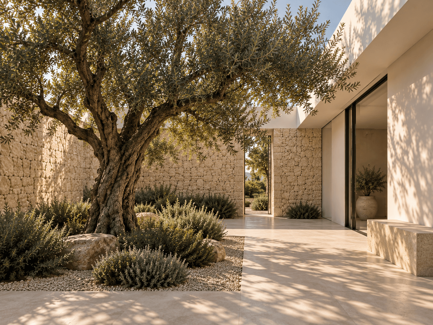 Patio de Vivienda entre Olivos con árbol existente, piedra y sombra