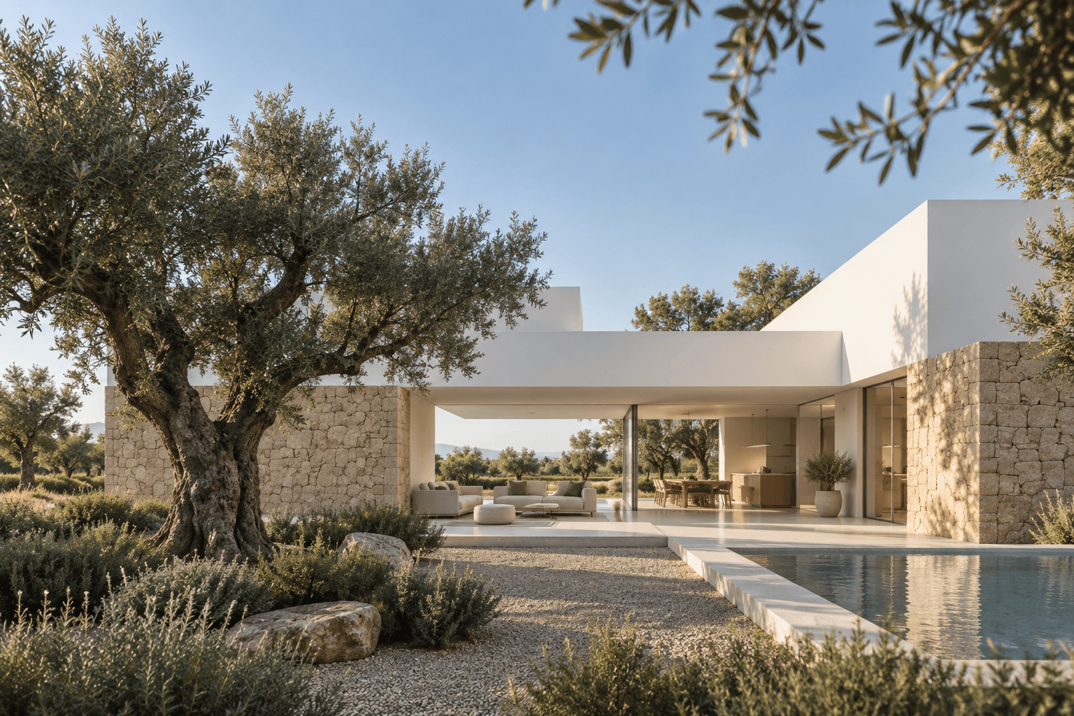 Vivienda entre Olivos, arquitectura mineral en tonos arena integrada entre olivos maduros