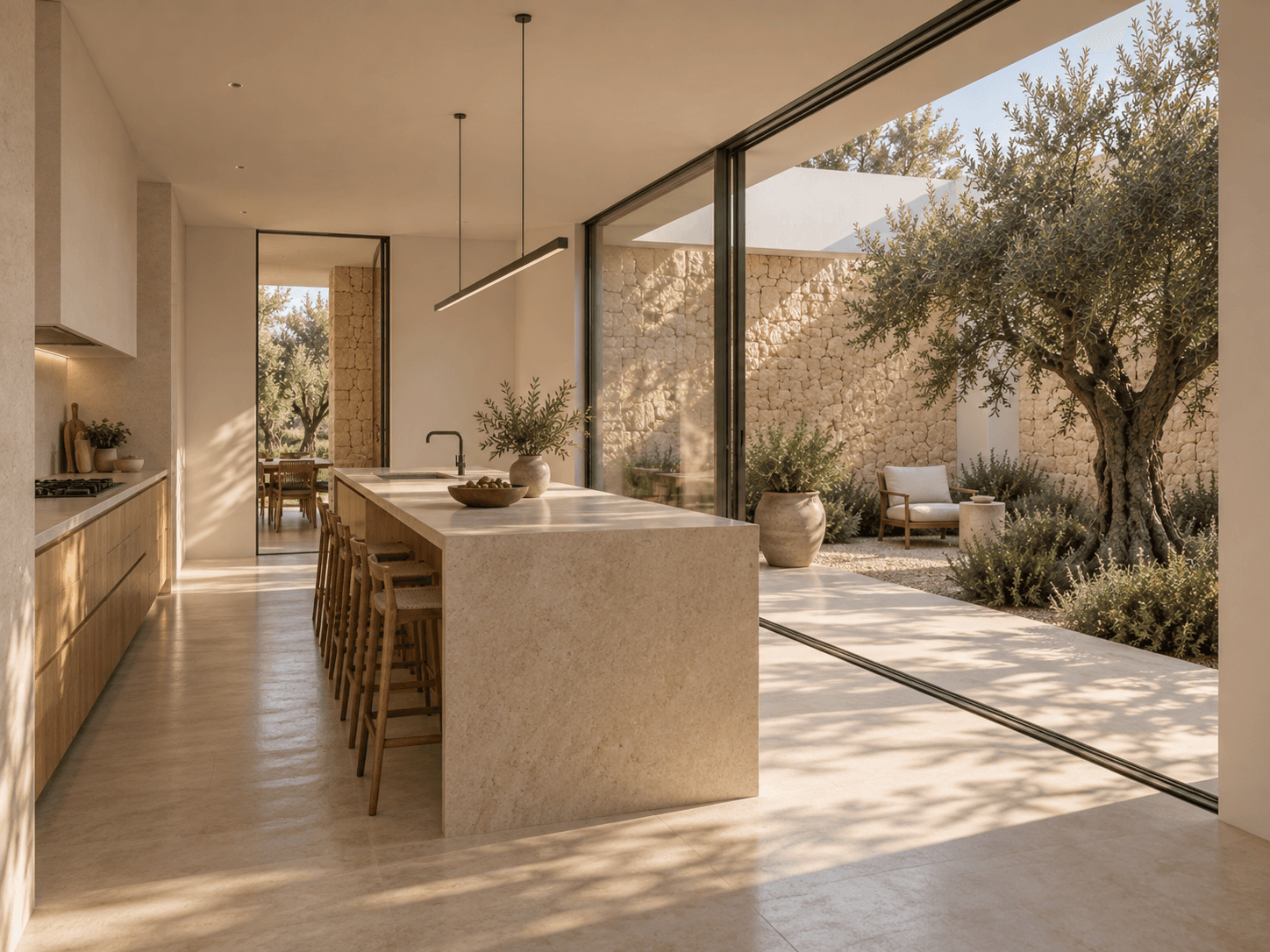 Cocina de Vivienda entre Olivos conectada con un patio mediterráneo más íntimo