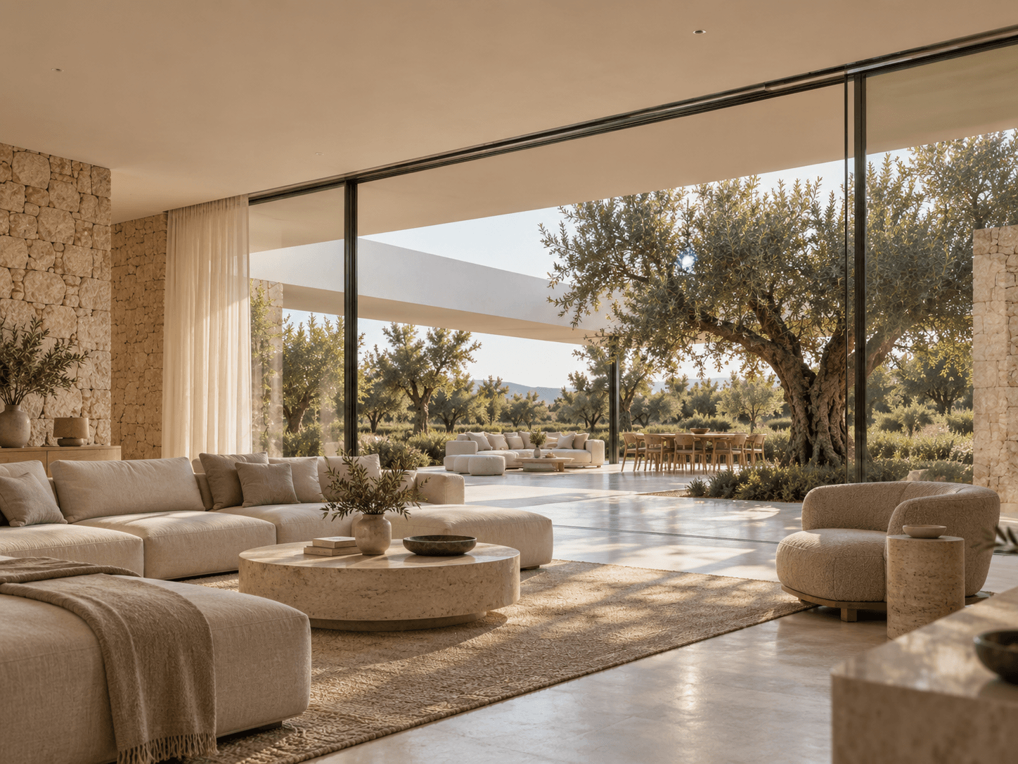 Estar de Vivienda entre Olivos abierto mediante grandes planos de vidrio al olivar