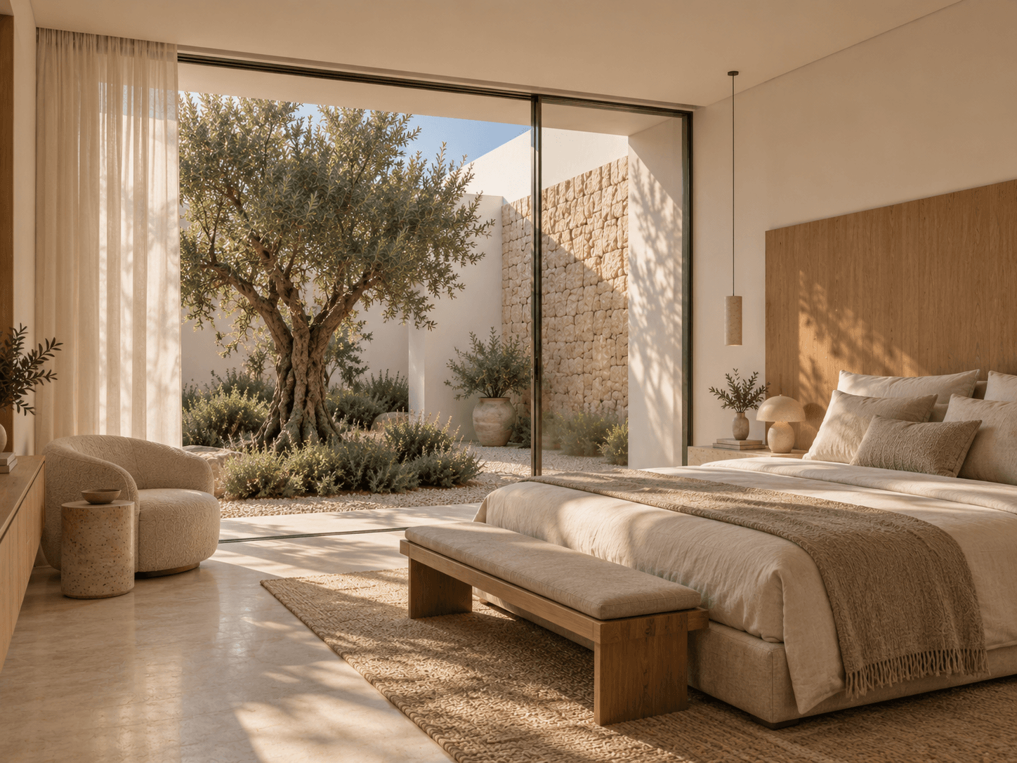 Dormitorio principal de Vivienda entre Olivos abierto a un jardín contenido