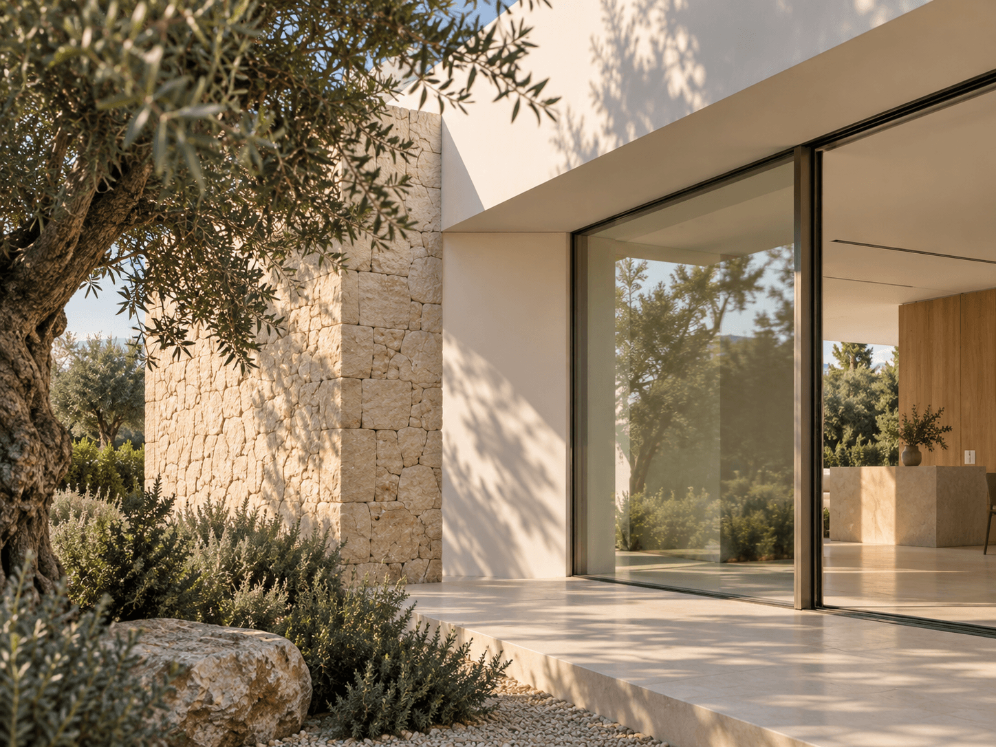 Encuentro de mortero mineral beige, acero de perfil fino, vegetación y sombra en Vivienda entre Olivos