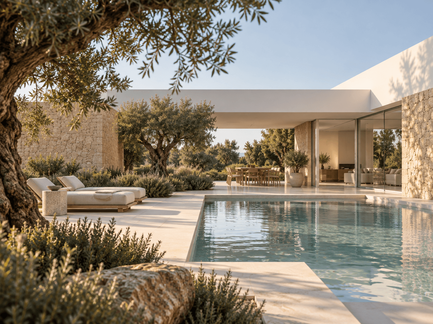 Relación entre vivienda, piscina y paisaje en Vivienda entre Olivos
