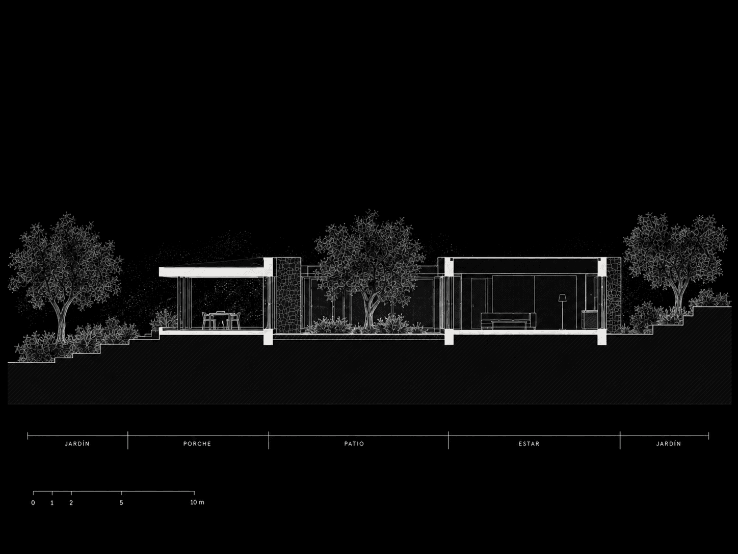 Sección transversal de Vivienda entre Olivos atravesando jardín, porche, patio y estar