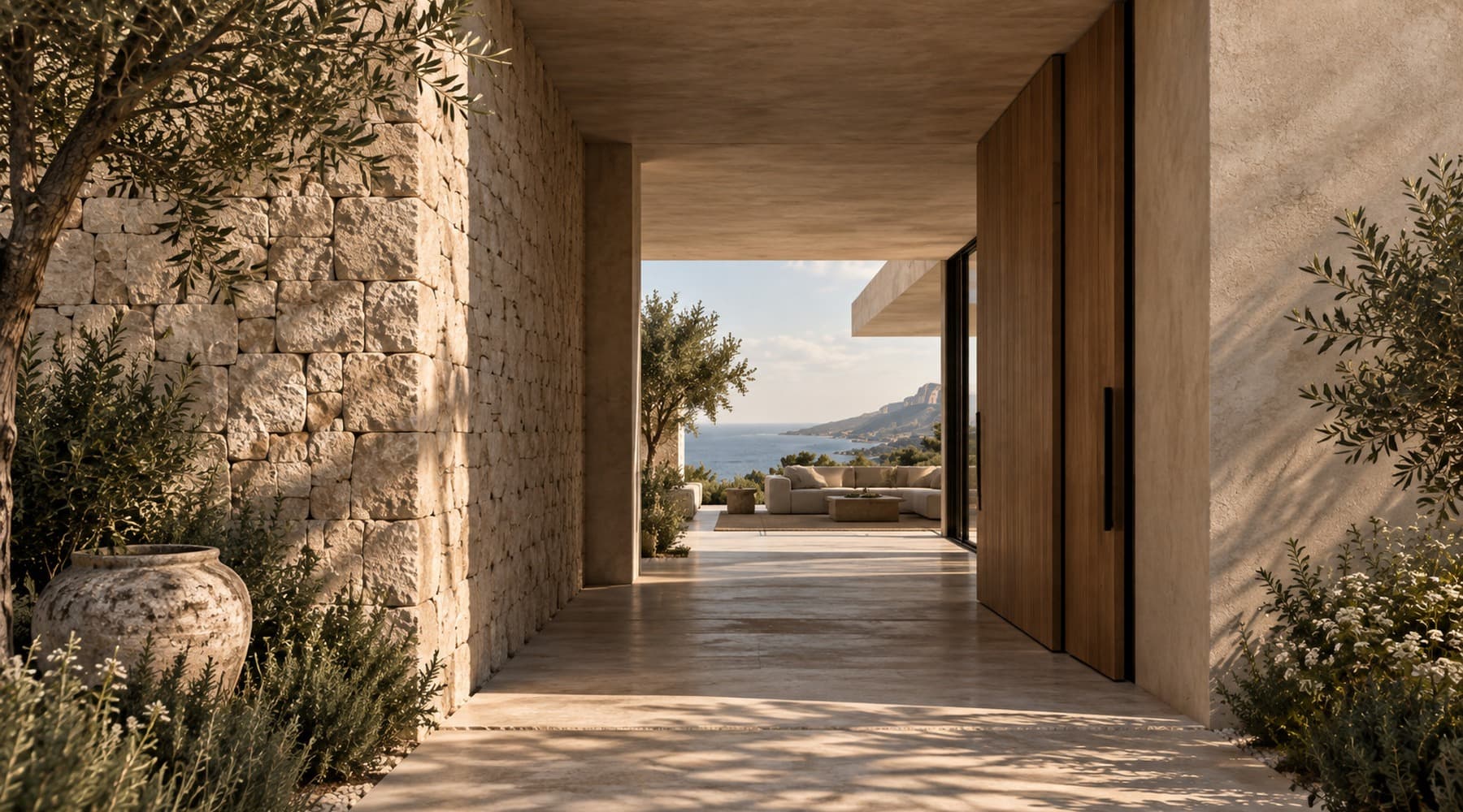 Umbral de arquitectura contemporánea entre piedra, sombra y paisaje