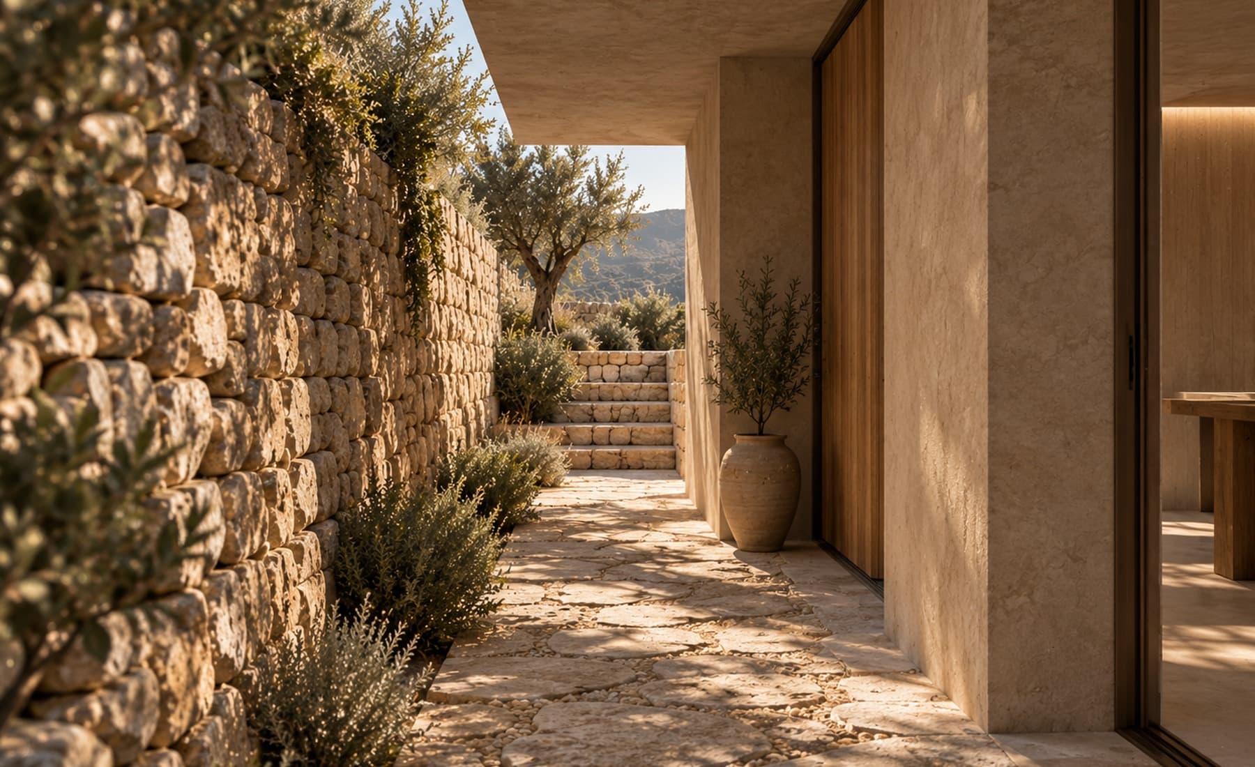Arquitectura contemporánea integrada entre muros de piedra y paisaje mediterráneo