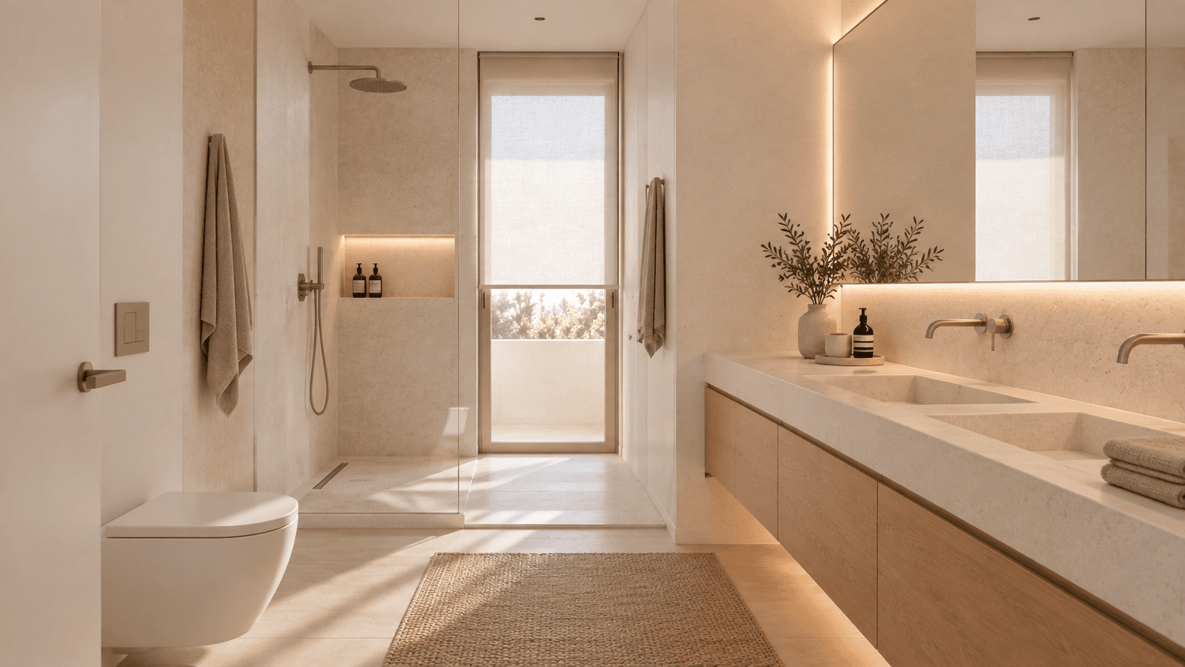 Baño principal depurado en piedra clara, blanco y madera de roble