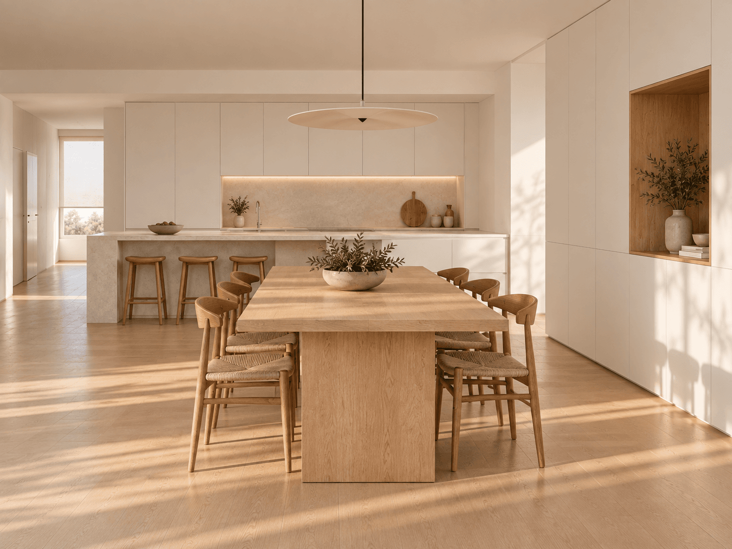 Comedor de roble claro conectado visualmente con la cocina de la reforma en Xàtiva