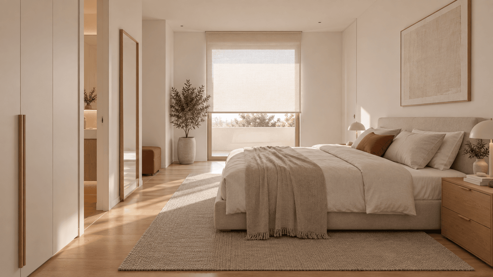 Dormitorio principal sereno en blanco, roble claro y textiles neutros